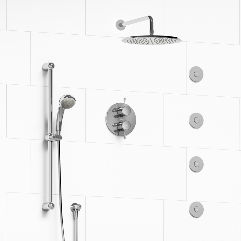 Manhattan - Type T/P ¾" double coaxial system with hand shower rail, 4 body jets and shower head - KIT#483MA